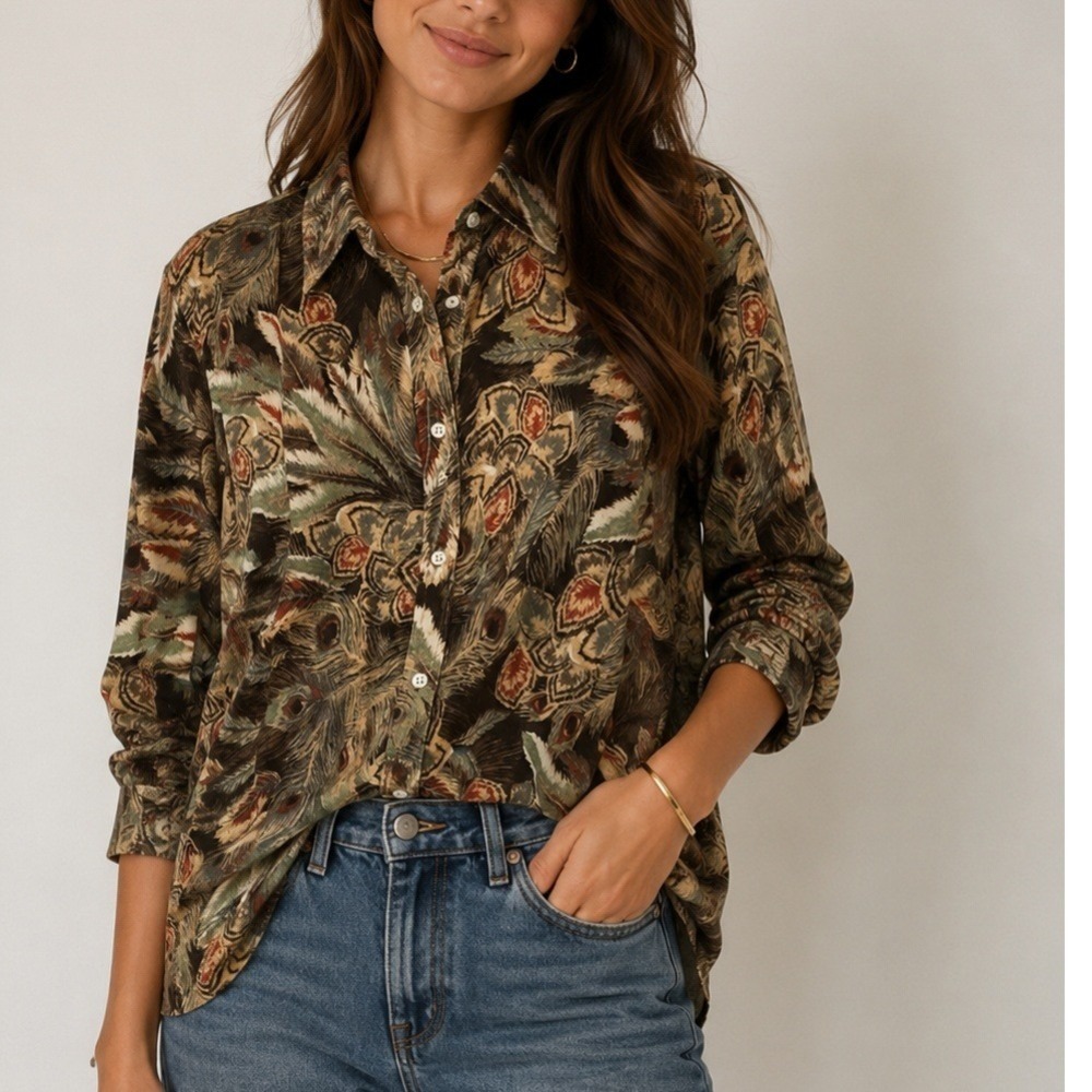 Ralph Lauren LRL XL Shirt Button Front Peacock Feather Printed Boho Earthy Prep